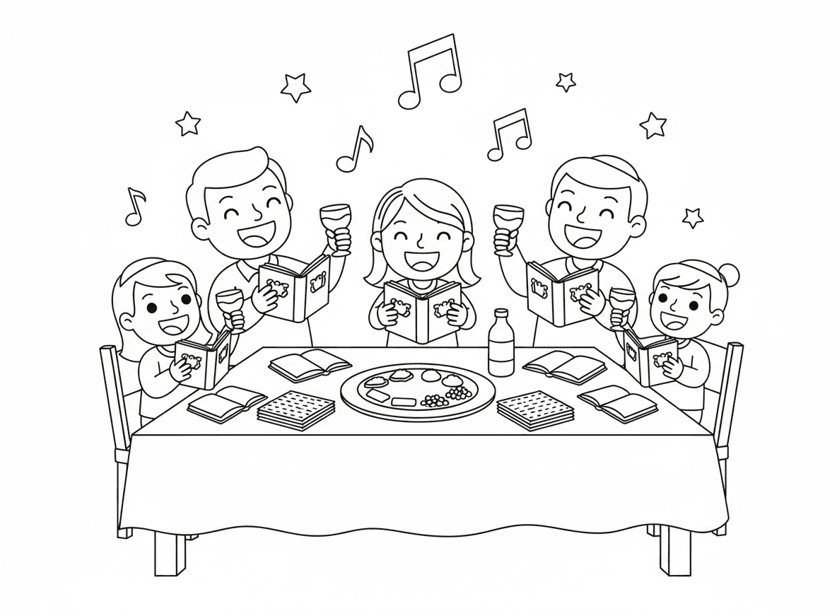 שירת דיינו בחגיגה - סצנה שמחה של משפחה וחברים שרים דיינו בסדר, כולם מוחאים כפיים ושרים עם חיוכים גדולים, תווי מוזיקה מרחפים, הגדות, כוסות יין מורמות, אנרגיה חגיגית