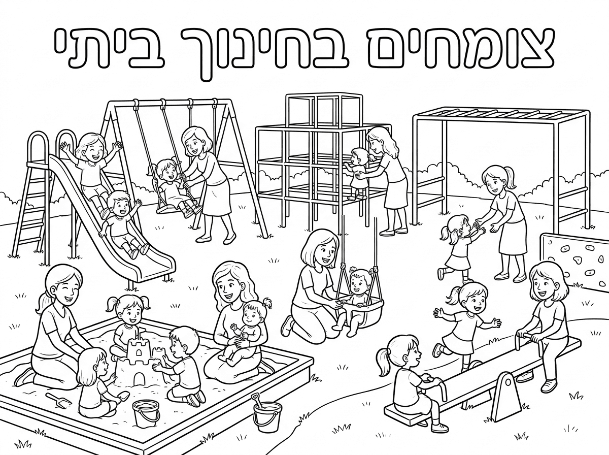 9 ילדות
2 בנים
2 תינוקות בנות
6 אמהות
משחקים יחד בגן שעשועים עם כיתוב "צומחים בחינוך ביתי"