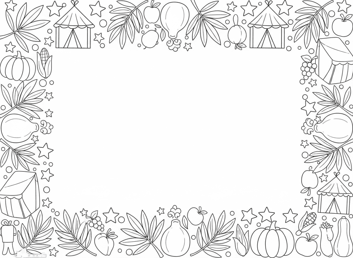 מסגרת סמלי סוכות - מסגרת דקורטיבית עשויה מסמלי סוכות: לולב, אתרוג, סוכה, פירות, כוכבים, ירקות קציר, ענפי דקל, ערבה והדס, מרכז ריק לצביעה