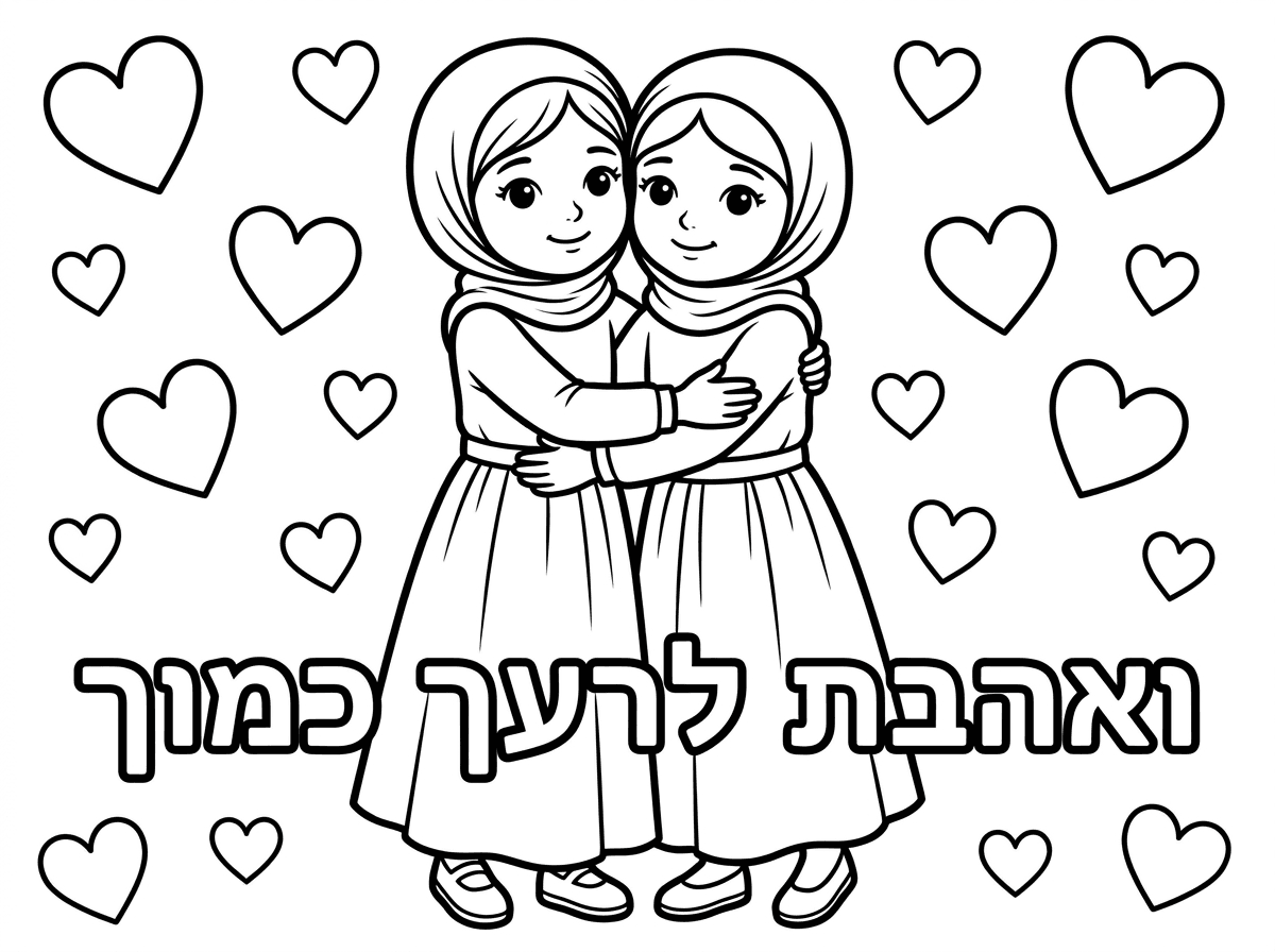 דף של 2 בנות צנועות שמשדרות אחווה וחברות וכתוב ואהבת לרעך כמוך
מתחת
עם לבבות