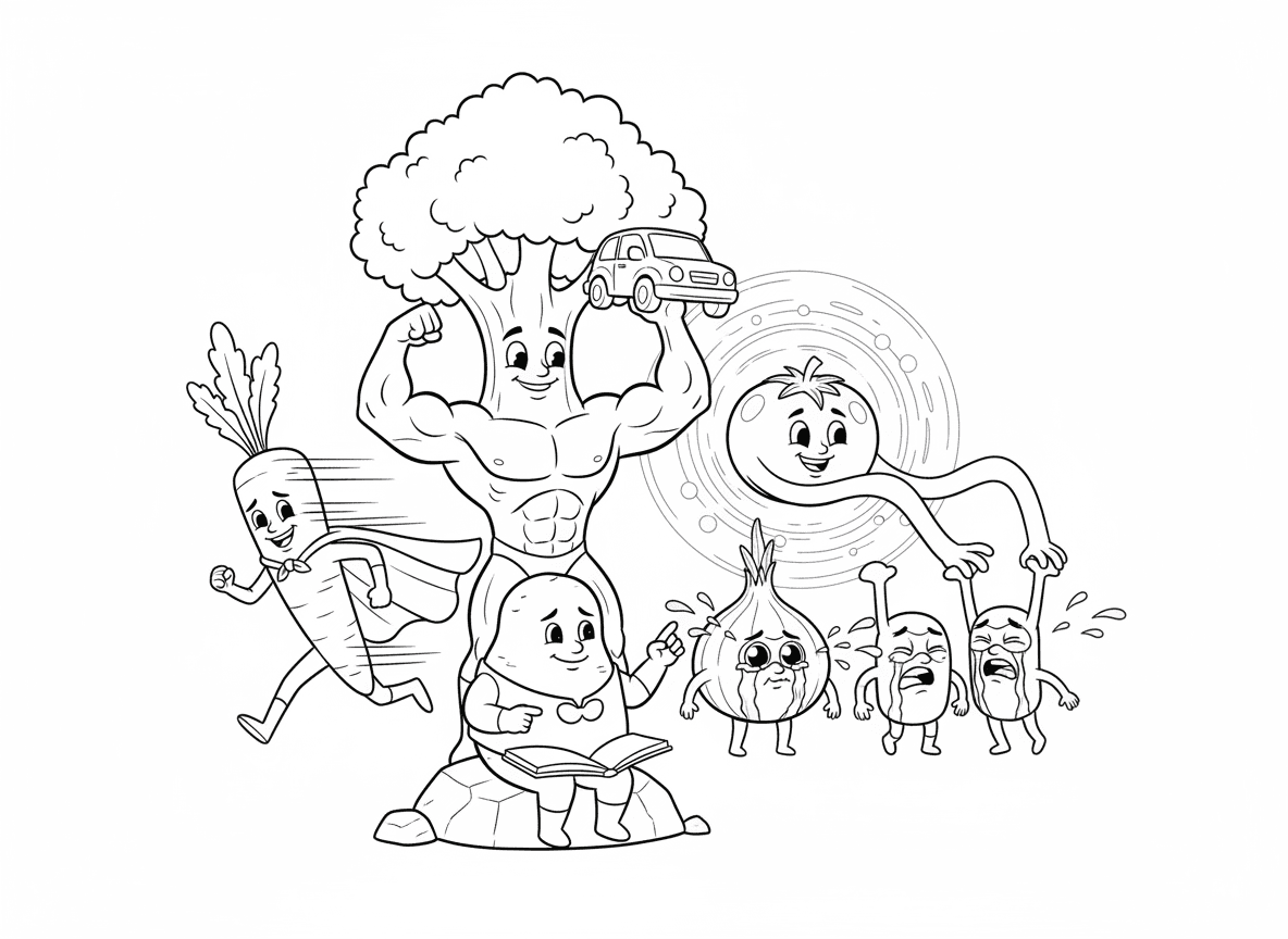 קבוצת גיבורי על ירקות - גזר עם גלימת סופר מהירות, ברוקולי עם כוח על מרים מכונית, עגבנייה עם ידיים נמתחות, שום עם מגן כוח, בצל שמבכה את הרשעים, ותפוח אדמה כמנהיג החכם