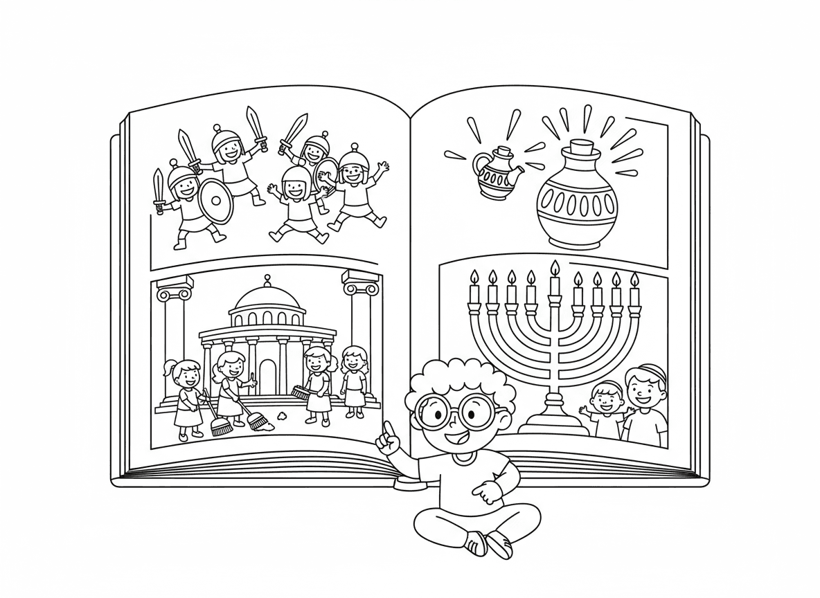 ספר סיפור חנוכה מאויר - ספר סיפור פתוח מראה את סיפור חנוכה עם איורים: מכבים נלחמים, בית המקדש מנוקה, נס השמן, הדלקת מנורה, דפים עם תמונות צבעוניות, ילד קורא