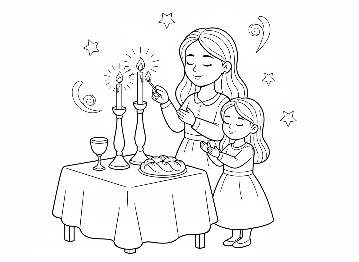 הדלקת נרות ראש השנה - אמא מדליקה נרות ראש השנה עם בתה, פמוטים יפים, זוהר חם, עיניים עצומות בברכה, מפה לבנה, יין וחלה מוכנים, רגע שליו