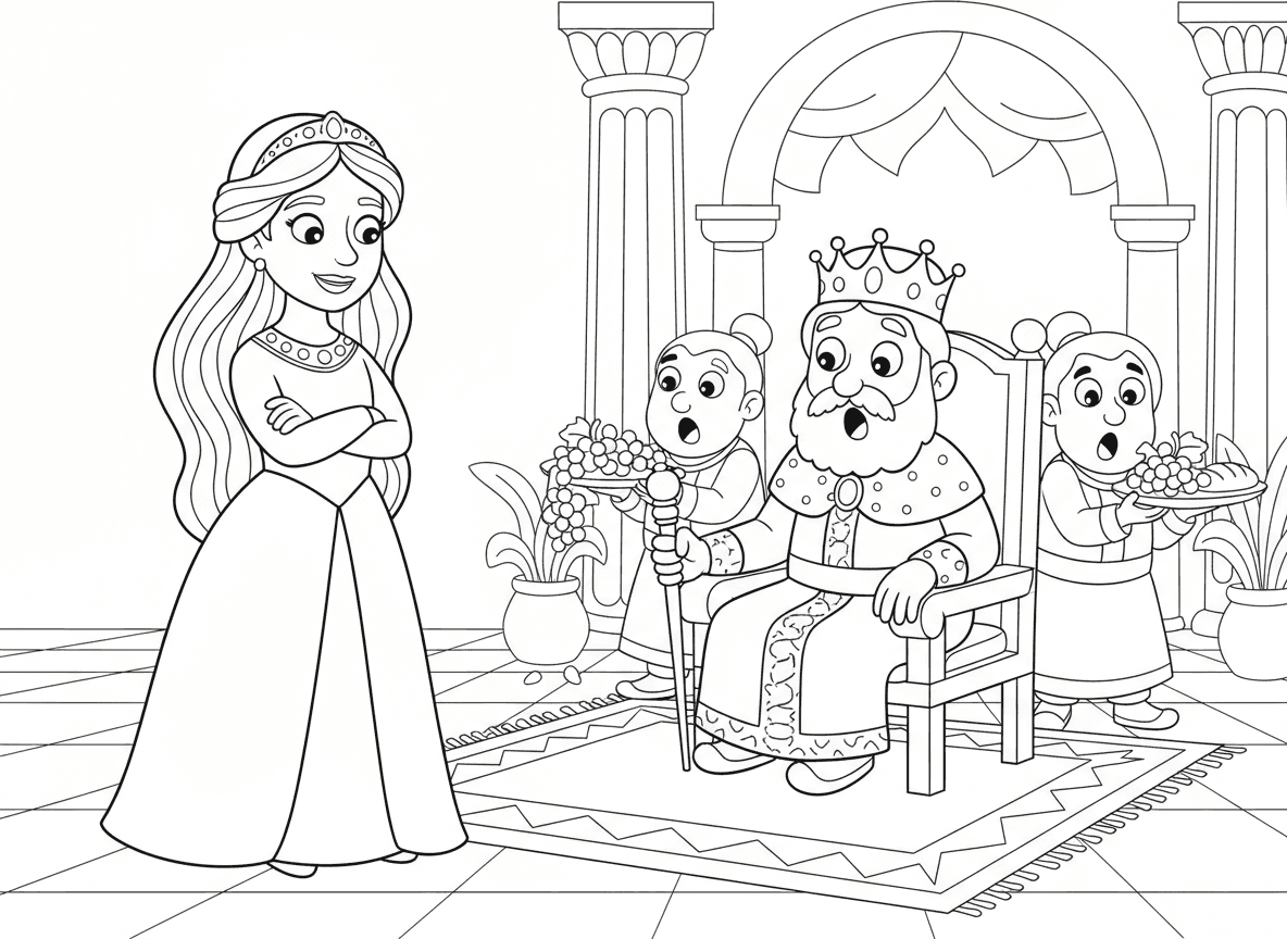 ושתי מסרבת למלך - המלכה ושתי מסרבת בעוז לפקודת המלך אחשוורוש, עומדת בגאווה, המלך נראה מופתע, מסגרת ארמון פרסי, משרתים נראים בהלם, רגע דרמטי