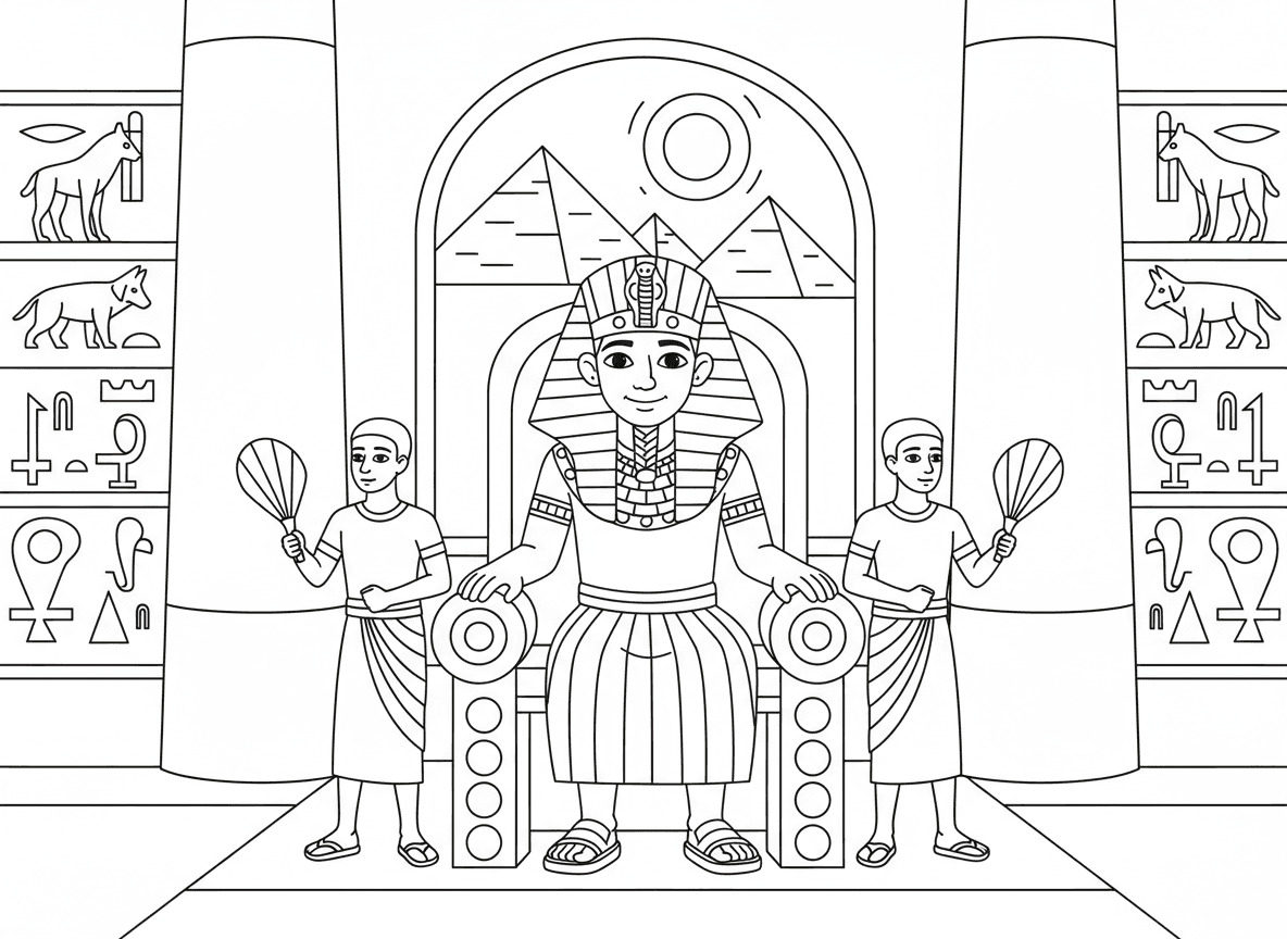 פרעה עם כתר וכס המלכות - פרעה יושב על כס המלכות הזהוב שלו נראה דרמטי, כתר גבוה עם נחש קוברה, קישוטים מצריים, הירוגליפים על הקירות, משרתים עם מניפות, אולם ארמון מפואר, פירמידות דרך החלון