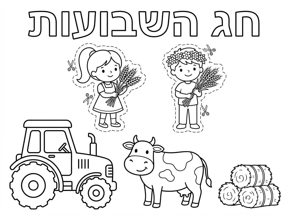 צור לי דף צביעה תלת מימד לשבועות לילדי גם גילאי 4-5. יהיה כותרת "חג השבועות" באותיות חלולות בכתב נקי וברור. וקישוט מתאים.תהיה גם ילדה עם שיבולים ביד.מסביבה קו מקווקוו עם סימון של מספריים לגזירה.
יופיע גם ילד עם שיבולים וזר לראש.מסביבו קו מקווקב עם סימון לגזירה.
גם טרקטור
פרה
חציר