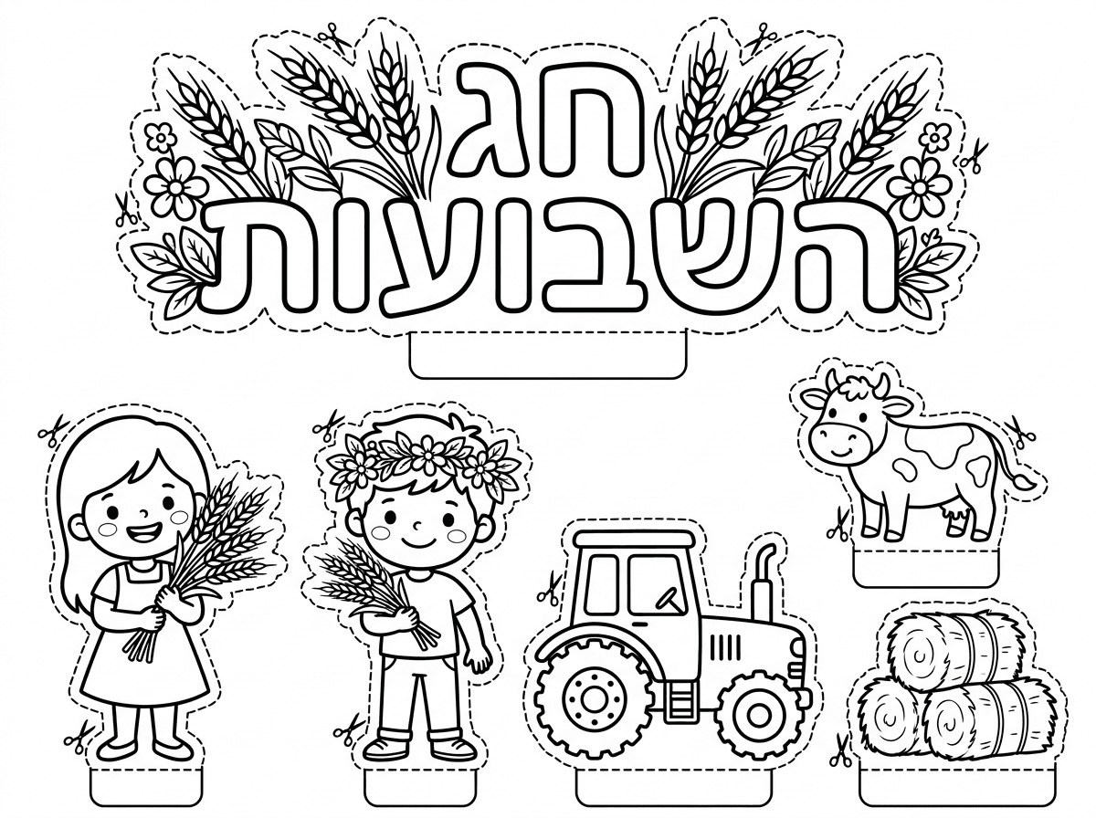 תתחום את הטרקטור החציר והפרה עם קוו מקווקו מסביב .ותוסיף מלבן ריק למטה שיצור קיפול של התלת מימד.את המלבן תוסיף לכל התמונות שבדף כולל הכותרת.