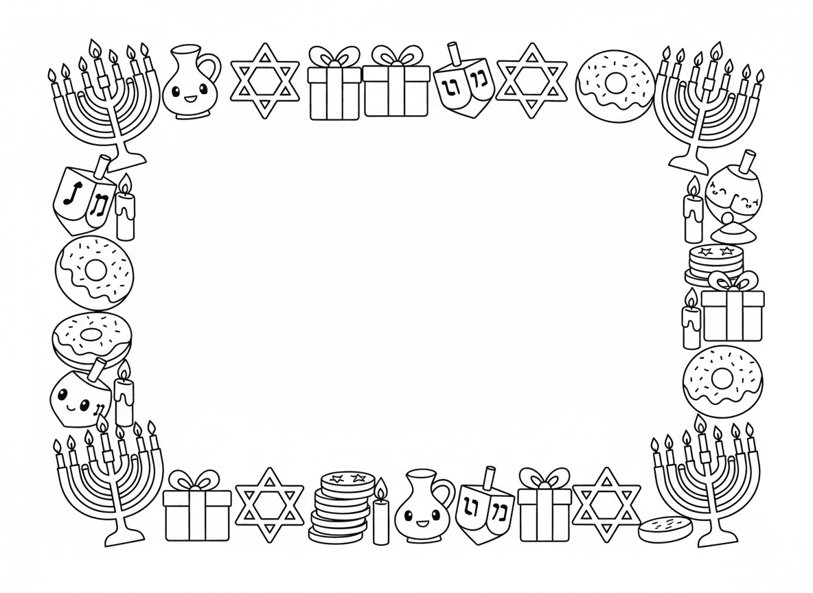מסגרת סמלי חנוכה - מסגרת דקורטיבית של סמלי חנוכה: חנוכייה, סביבון, פח שמן, סופגניות, דמי חנוכה, מגן דוד, נרות, לביבות, מתנות, מרכז ריק לצביעה