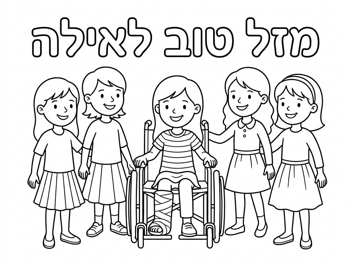 ילדה עם גבס וילדות מיסביבה עם חצאיןת.
ולכתוב מזל טוב לאילה