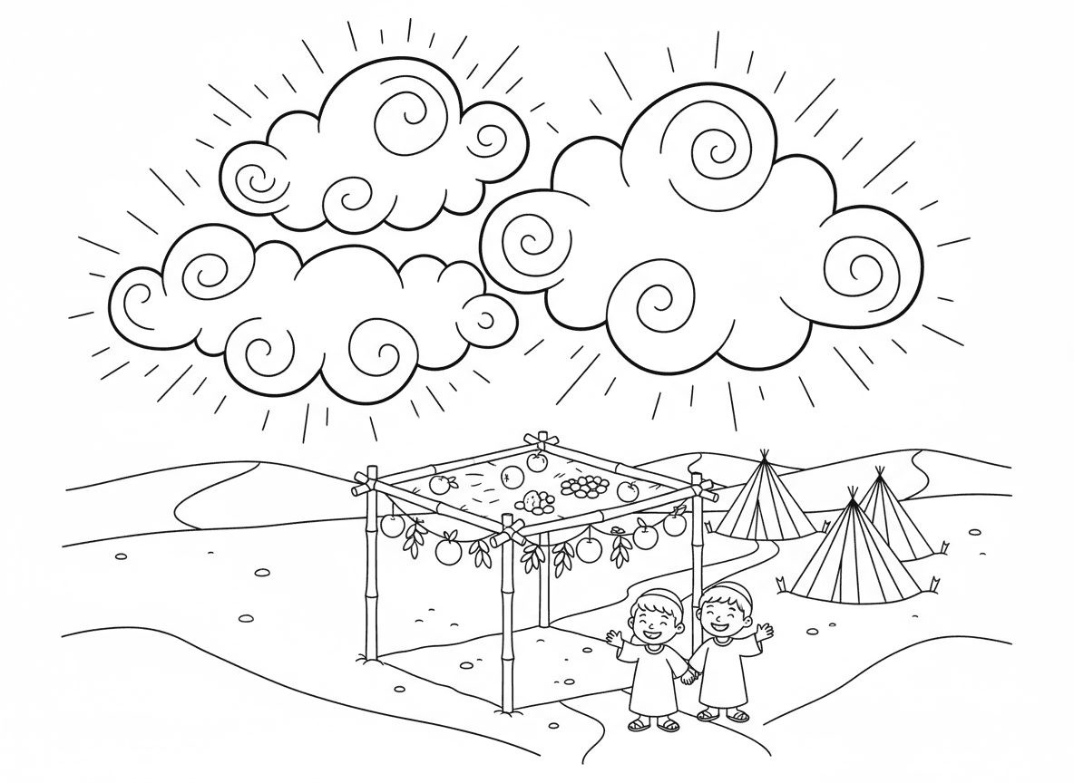 ענני הכבוד סביב הסוכה - ייצוג אמנותי של ענני הכבוד סביב סוכה, עננים מיסטיים זוהרים, אור אלוהי, רקע מדברי עם אוהלים, נושא מסע יציאת מצרים