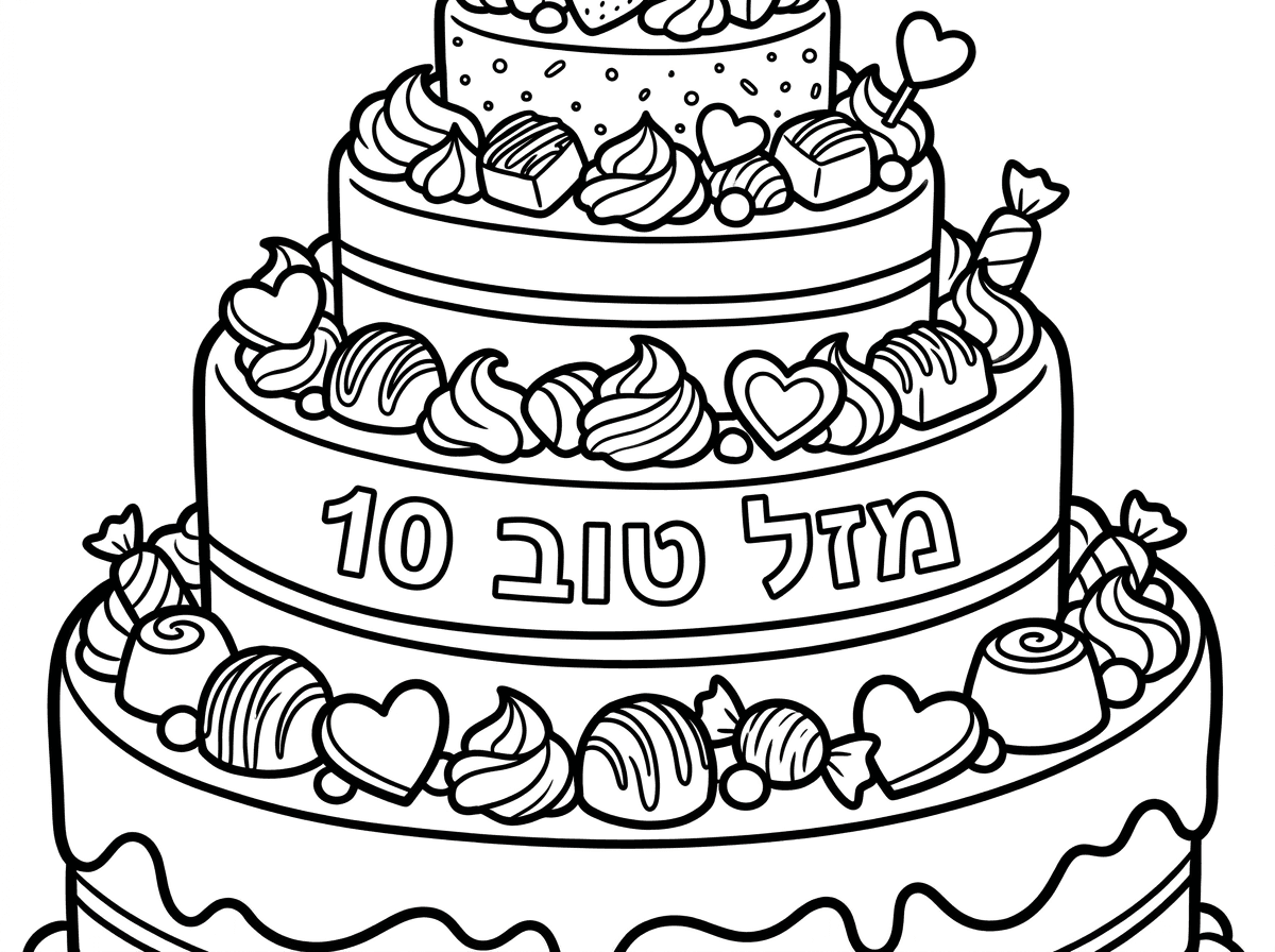 אני רוצה דף צביעה של עוגה מפוארת, עם כמה קומות וקרם, מקושטת בשוקולדים ובלבבות ובסוכריות, וכתוב עליה מזל טוב 10