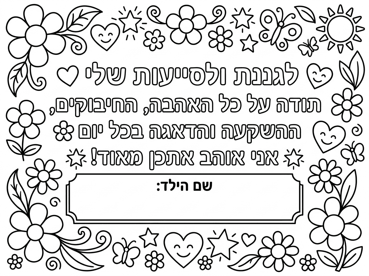 צור לי דף יצירה המוקיר תודה לגננת ולסייעות מהילד


לגננת ולסייעות שלי 💖
תודה על כל האהבה,
החיבוקים,
ההשקעה
והדאגה בכל יום 🌸
אני אוהב אתכן מאוד! ✨

שם הילד: