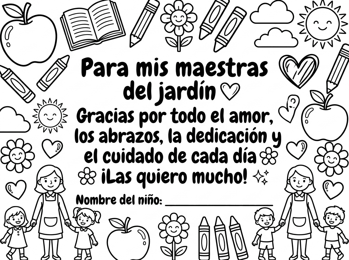 Para mis maestras del
 jardín 💖
Gracias por todo el amor,
los abrazos,
la dedicación
y el cuidado de cada día 🌸
¡Las quiero mucho! ✨

Nombre del niño:


אנא צור לי דף צביעה הוכרה לגננת עבור ילדים בגן