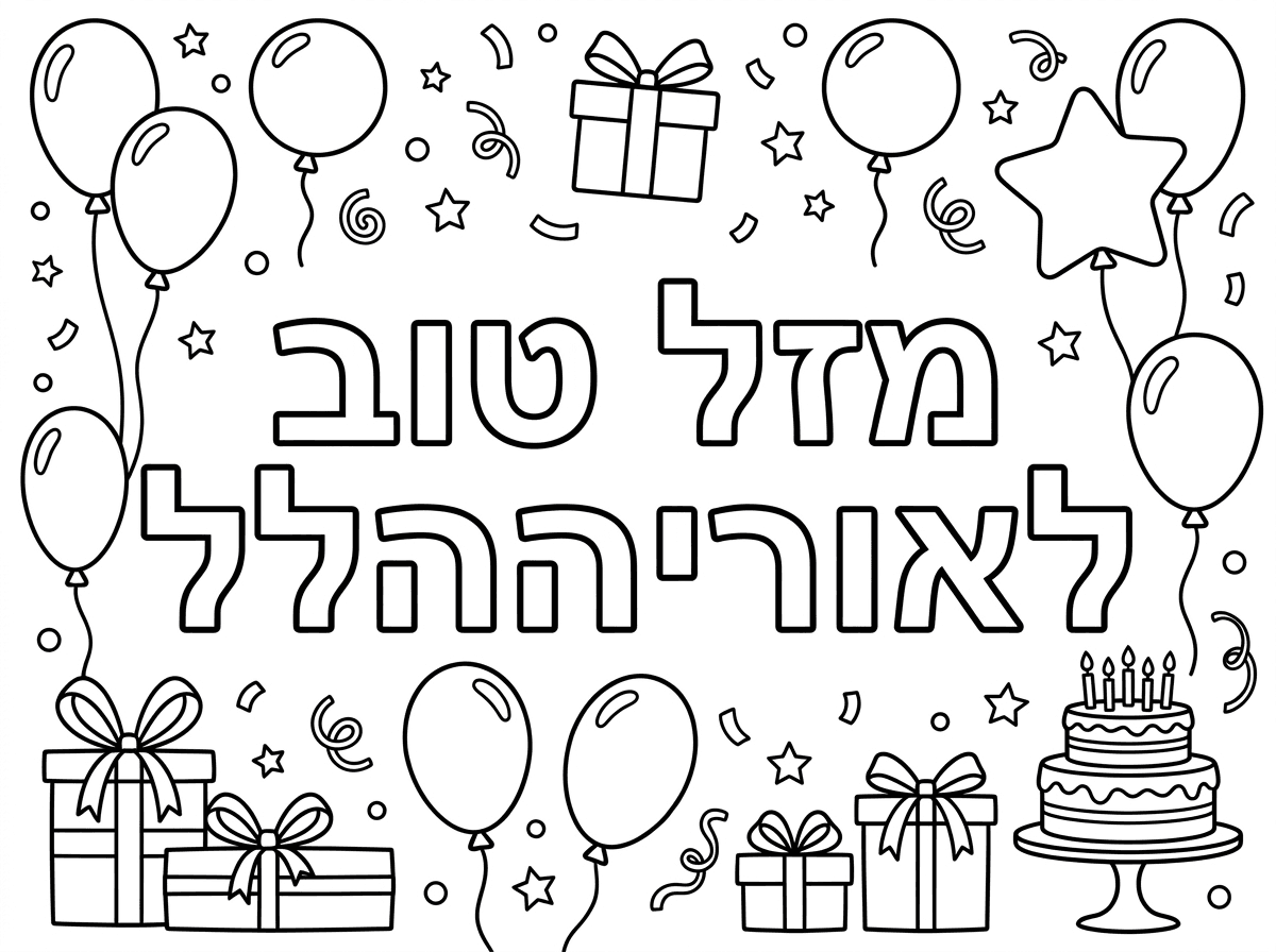 תכין לי דף צביעה שכתוב עליו מזל טוב לאוריהההלל עם קישוטים של יום הולדת מסביב