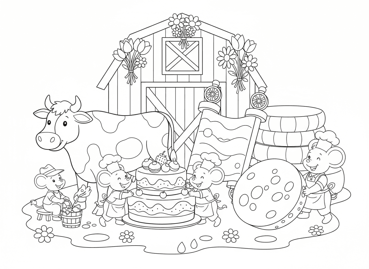 חוות חלב של עכברים בשבועות - עכברים מכינים עוגת גבינה ענקית, עכבר חולב פרה עם דלי זעיר, עכברים נושאים גלגלי גבינה ענקיים, מקשטים את האסם בפרחים וירק, וספר תורה עשוי מפרוסות גבינה