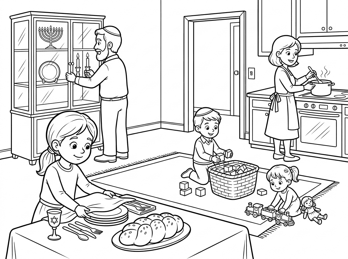 תודה רבה
ילדי משפחת כהן מסדרים את הבית לשבת. הגדולה את השולחן הקטנים את המשחקים האבא את הנרות בויטרינה והאמא במטבח