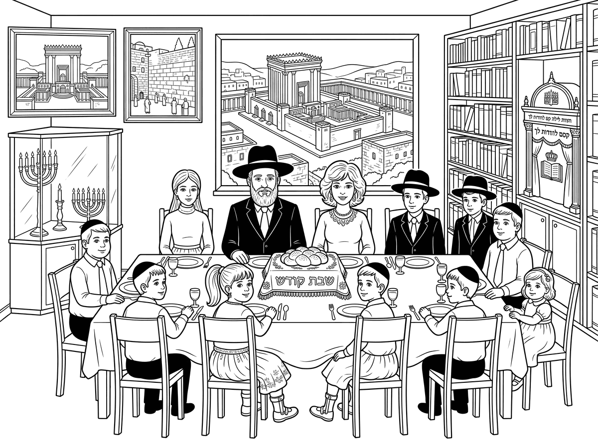 שוב אני שולח את כל התיאור הפעם גם חסר ילד
משפחת כהן 
אבא עם כובע וחליפה ועניבה
אמא עם פאה לבושה בשמלה חגיגית
בחורה כבת 17 בלבוש חגיג עם חצאית
בחור כבן 14 עם כובע וחליפה
בחור כבן 13 עם כובע וחליפה
ילדה כבת 12 עם סדים ברגליים עם קוקו וחצאית בלבוש חגיגי ושמנמנה
ילד כבן 10 שמנמנן במכנס שחור וחולצה לבנה ועניבה
ילד כבן 8 לובש מכנס שחור וחולצה לבנה ועניבה 
ילד כבן 7 לובש מכנס שחור וחולצה לבנה
ילדה כבת 4.5 לבושה חגיגי עם שמלה ושמנמנה
יושבים בשולחן ערוך לסעודה שבת קודש
במרכז השולחן כסוי רקום לחלות עם כיתוב שבת קודש
בצד השני נראה ספריה ספרים ארוכה וגדולה מלאה ספרים
בסוף הספרייה יש ארון קודש קטן כמו של ס.ת ועל הפרוכת כתוב
חצות לילה קם להודות לך
מהחלון נראה נוף ביתי העיר ירושלים 
ומהדלת לחצר נראה חצר טיפוסית קטנה וחמודה.
על עוד קיר בבית יש שני תמונות גדולות
אחד של בית המקדש בתפארתו
ואחד של הכותל המערבי.
ובצד וטרינר נרות עם 7 נרות דולקים, קנדבלה עם 5 קנים ושני פמותות.