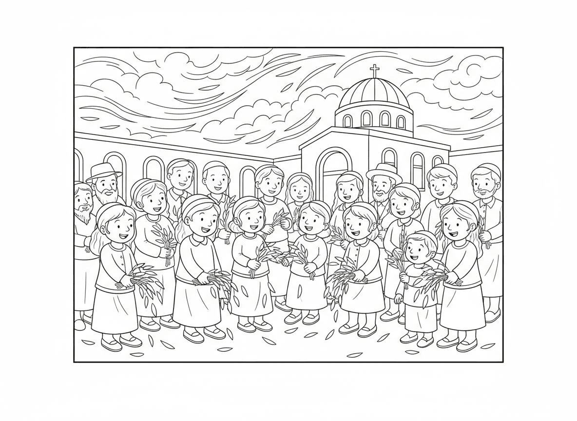 הושענא רבה חביטת ערבות - אנשים בהושענא רבה חובטים ענפי ערבה על הרצפה, חצר בית כנסת, שמיים דרמטיים, עלי ערבה נושרים, אווירת תפילה, קהל מתאסף, יום אחרון של סוכות