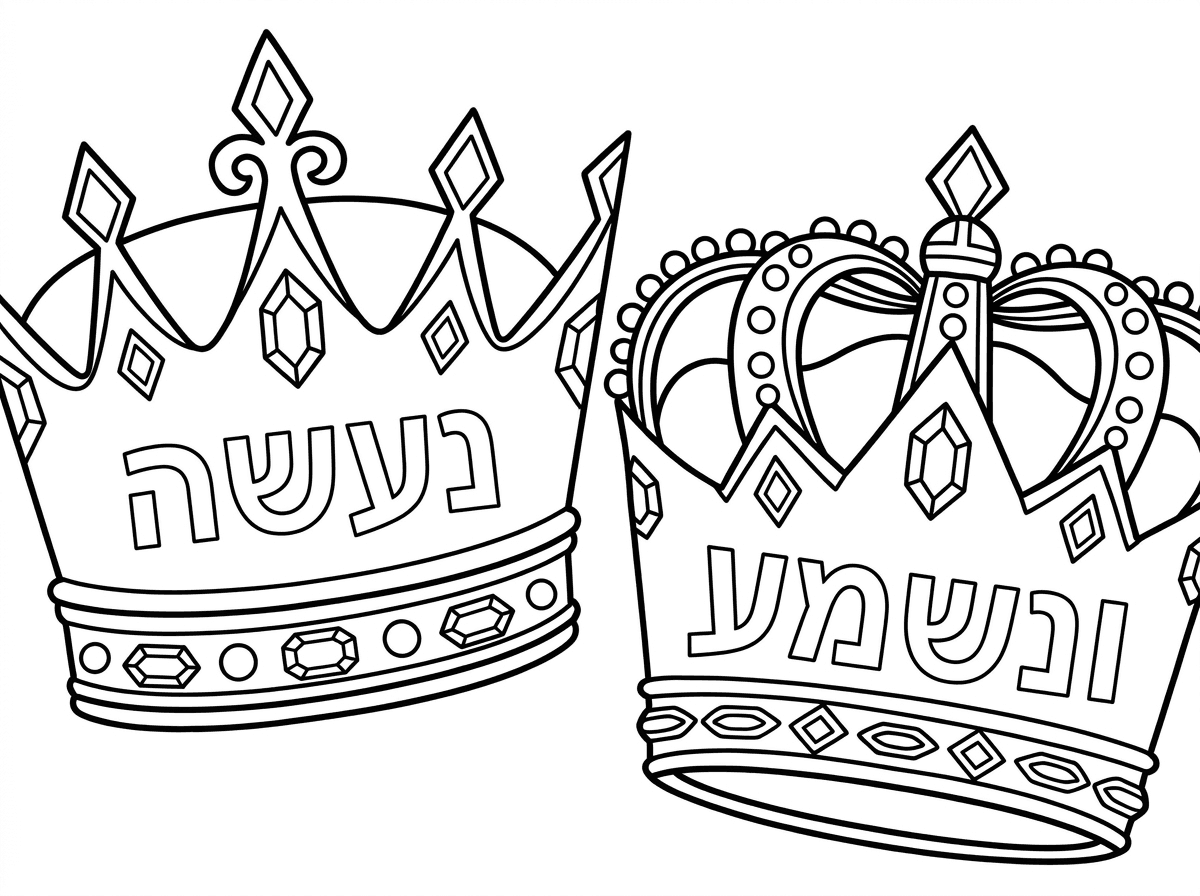 שני כתרים גדולים ויפים

על כתר אחד כתוב באותיות חלולות נעשה
ועל הכתר השני כתוב באותיות חלולות ונשמע