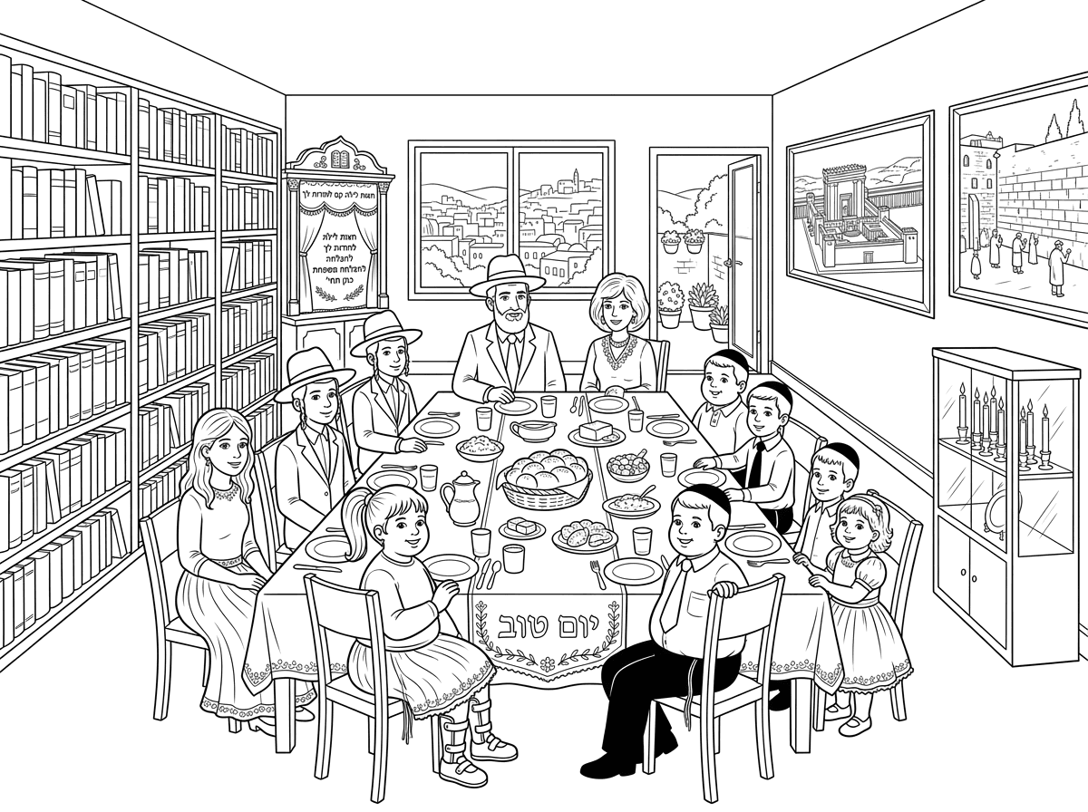 משפחת כהן 
אבא עם כובע וחליפה ועניבה
אמא עם פאה לבושה בשמלה חגיגית
בחורה כבת 17 בלבוש חגיג עם חצאית
בחור כבן 14 עם כובע וחליפה
בחור כבן 13 עם כובע וחליפה
ילדה כבת 12 עם סדים ברגליים עם קוקו וחצאית בלבוש חגיגי ושמנמנה
ילד כבן 10 שמנמנן במכנס שחור וחולצה לבנה ועניבה
ילד כבן 8 לובש מכנס שחור וחולצה לבנה ועניבה 
ילד כבן 7 לובש מכנס שחור וחולצה לבנה
ילדה כבת 4.5 לבושה חגיגי עם שמלה ושמנמנה
יושבים בשולחן ערוך לסעודה חלבית בליל חג השבועות
במרכז השולחן כסוי רקום לחלות עם כיתוב יום טוב
בצד השני נראה ספריה ספרים ארוכה וגדולה מלאה ספרים
בסוף הספרייה יש ארון קודש קטן כמו של ס.ת ועל הפרוכת כתוב
חצות לילה קם להודות לך
להצלחה משפחת כהן תחי‘
מהחלון נראה נוף ביתי העיר ירושלים 
ומהדלת לחצר נראה חצר טיפוסית קטנה וחמודה.
על עוד קיר בבית יש שני תמונות גדולות
אחד של בית המקדש בתפארתו
ואחד של הכותל המערבי.
ובצד וטרינר נרות עם 7 נרות דולקים
