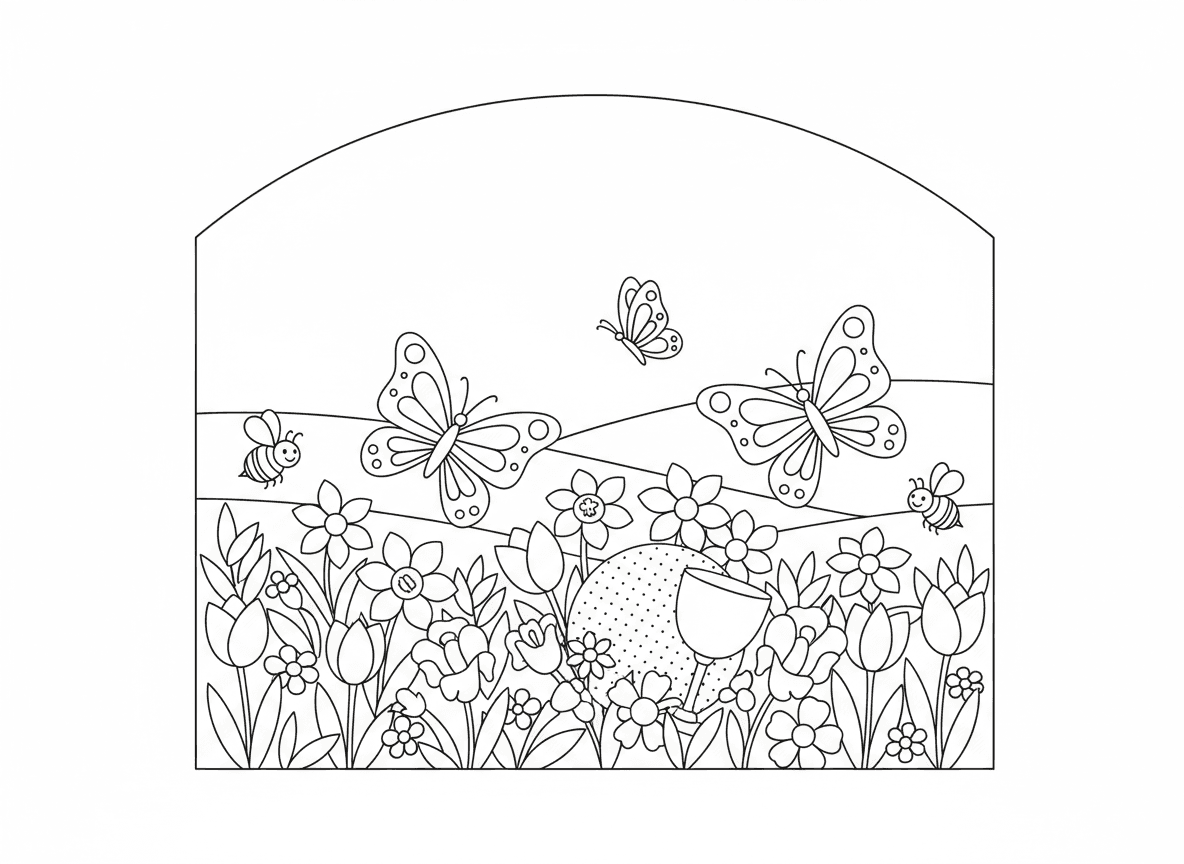 פרחי אביב ופרפרים לפסח - סצנת אביב יפה חוגגת את פסח כחג האביב, פרחים פורחים, פרפרים, דבורים, שדות ירוקים, שמיים כחולים, מצה וכוס יין חבויים בין הפרחים