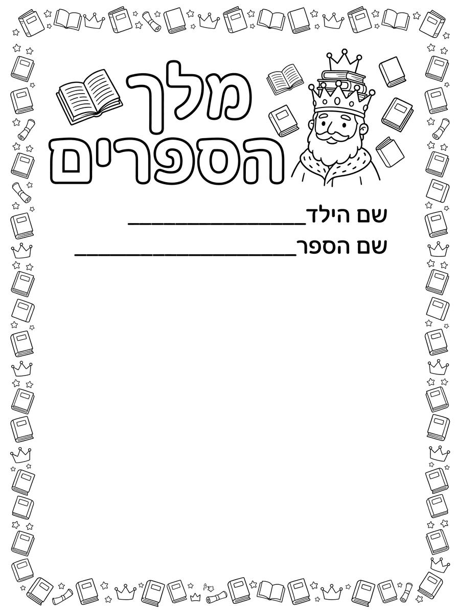 אני רוצה דף בגודל A4 לאורך.
בחלק העליון תהיה כותרת
מלך הספרים עם איור מתוק מתאים
מתחת לזה, כותרת משנית שם הילד____________
שם הספר____________

וכל שאר העמוד ריק.
אפשר מסגרת עדינה של ספרים או כתרים או משהו חמוד מתאים