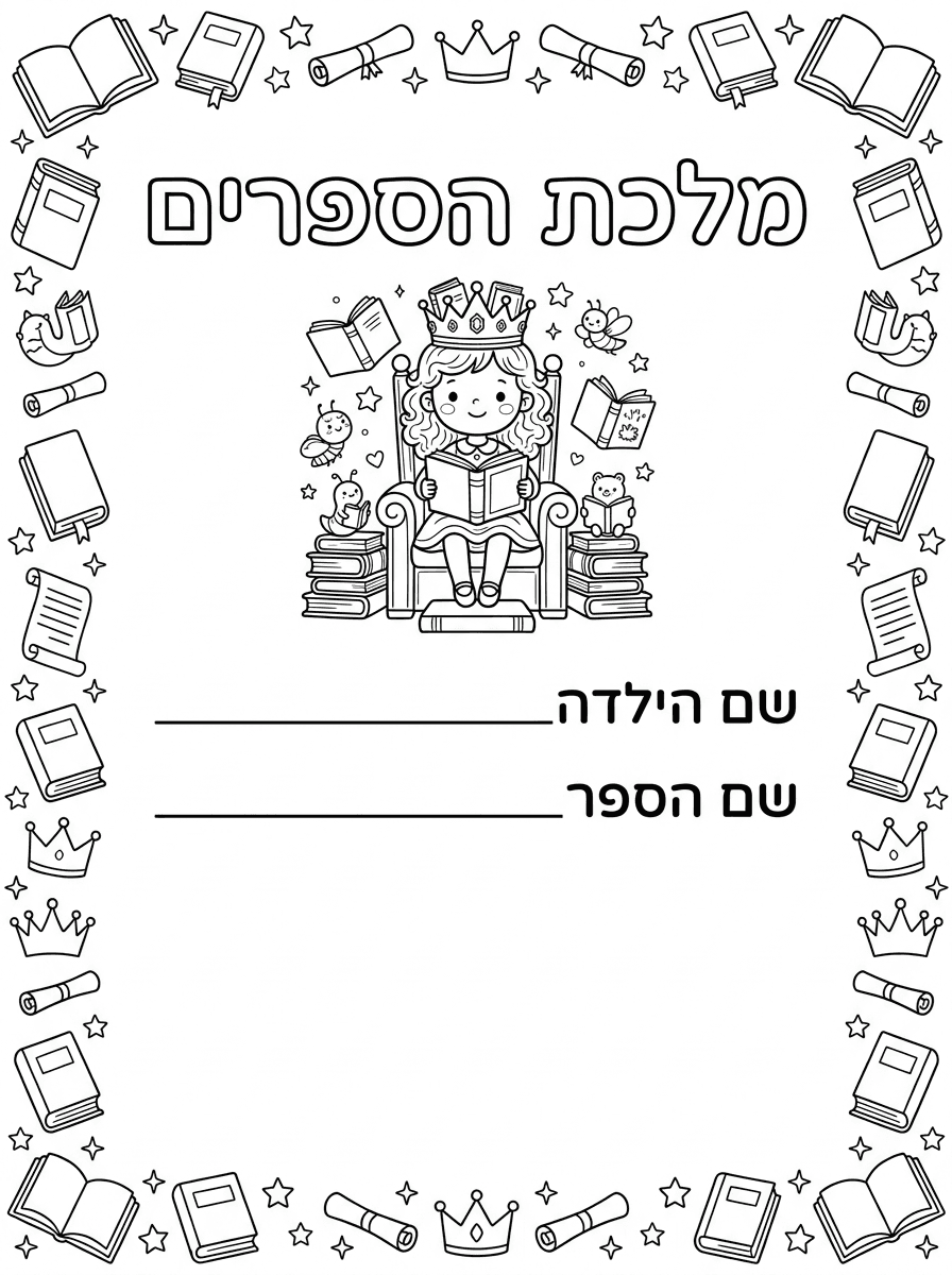 תודה רבה ועכשיו בדיוק אותו דבר
רק שיהיה איור של מלכת הספרים- שהיא ילדה.
ובכותרת יהיה כתוב מלכת הספרים
ואח"כ שם הילדה_________
שם הספר________

בבקשה ששני הדפים של המלך והמלכה יהיו זהים בעיצוב והשוני יהיה רק בן/בת