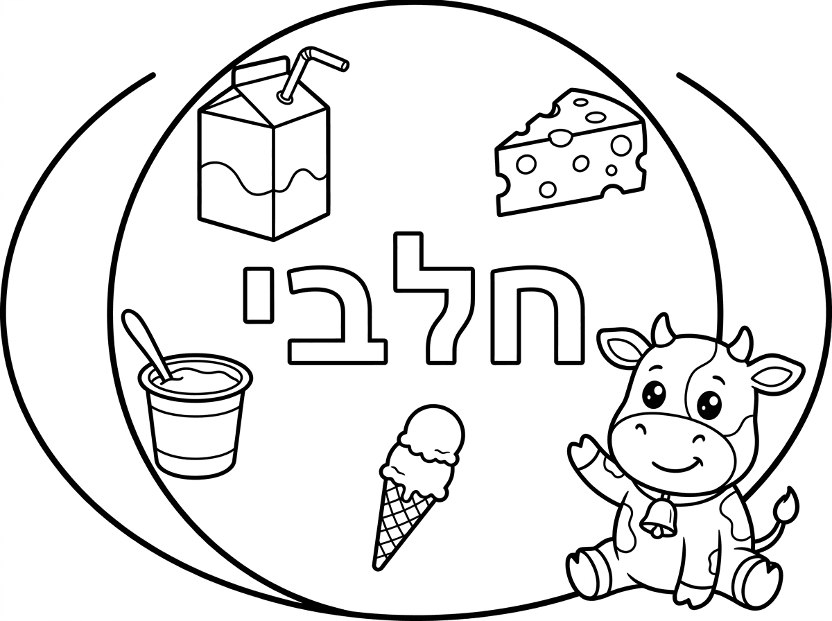 תכין לי בבקשה דף צביעה בגודל חצי a4 
בצורת  עיגול 
באמצע יהיה כתוב באותיות חלולות: חלבי 
 ומסביב יהיו 4 מאכלים חלב. 
ופרה קטנה וחמודה.