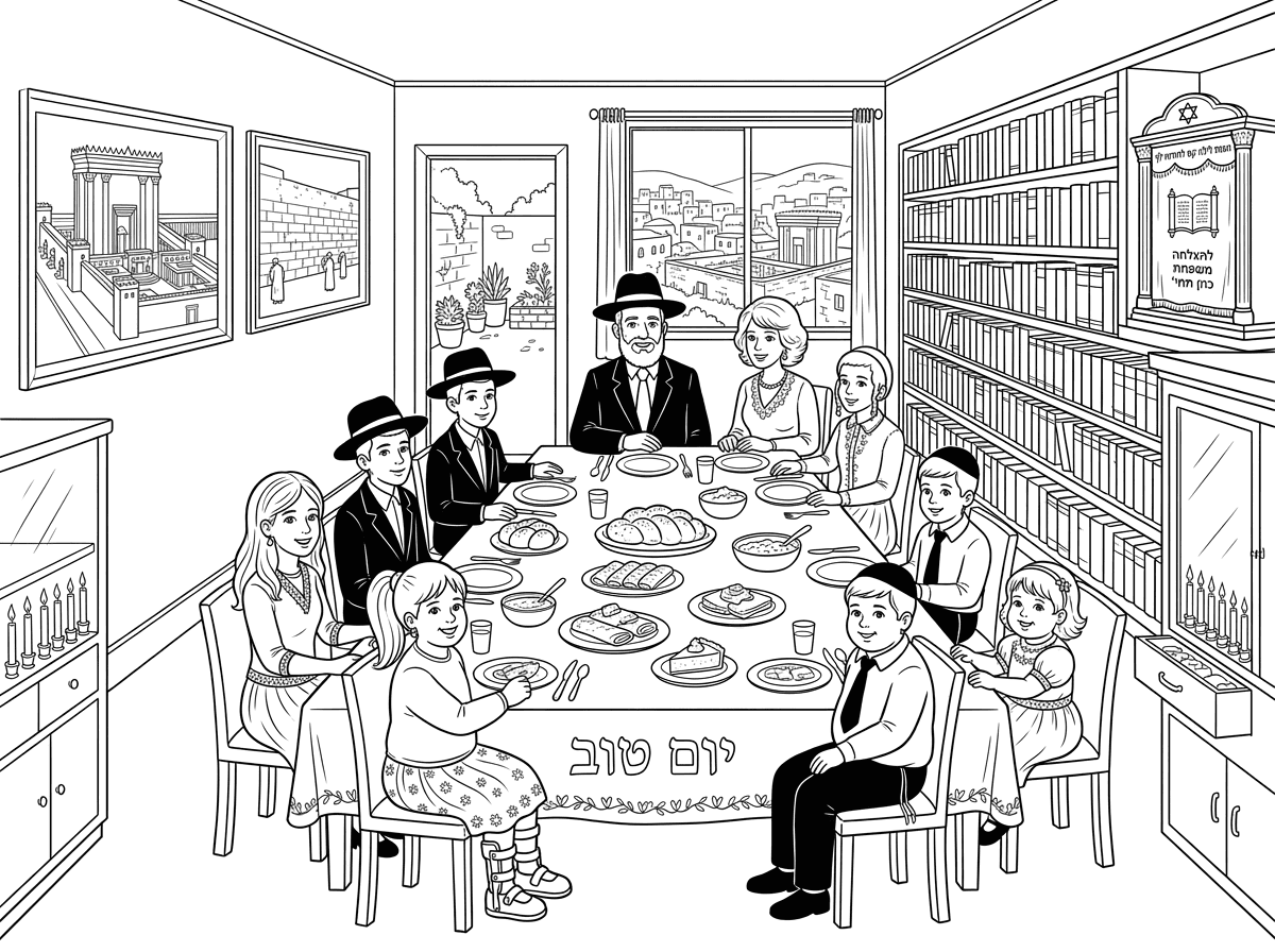משפחת כהן 
אבא עם כובע וחליפה ועניבה
אמא עם פאה לבושה בשמלה חגיגית
בחורה כבת 17 בלבוש חגיג עם חצאית
בחור כבן 14 עם כובע וחליפה
בחור כבן 13 עם כובע וחליפה
ילדה כבת 12 עם סדים ברגליים עם קוקו וחצאית בלבוש חגיגי ושמנמנה
ילד כבן 10 שמנמנן במכנס שחור וחולצה לבנה ועניבה
ילד כבן 8 לובש מכנס שחור וחולצה לבנה ועניבה 
ילד כבן 7 לובש מכנס שחור וחולצה לבנה
ילדה כבת 4.5 לבושה חגיגי עם שמלה ושמנמנה
יושבים בשולחן ערוך לסעודה חלבית בליל חג השבועות
במרכז השולחן כסוי רקום לחלות עם כיתוב יום טוב
בצד השני נראה ספריה ספרים ארוכה וגדולה מלאה ספרים
בסוף הספרייה יש ארון קודש קטן כמו של ס.ת ועל הפרוכת כתוב
חצות לילה קם להודות לך
להצלחה משפחת כהן תחי‘
מהחלון נראה נוף ביתי העיר ירושלים 
ומהדלת לחצר נראה חצר טיפוסית קטנה וחמודה.
על עוד קיר בבית יש שני תמונות גדולות
אחד של בית המקדש בתפארתו
ואחד של הכותל המערבי.
ובצד וטרינר נרות עם 7 נרות דולקים