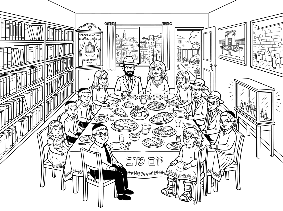 שולח שוב את כל הפירוט
היה חסר עכשיו שוב פרטים שכתבתי 
משפחת כהן 
אבא עם כובע וחליפה ועניבה ומשקפים
אמא עם פאה לבושה בשמלה חגיגית
בחורה כבת 17 בלבוש חגיג עם חצאית ומשקפים
בחור כבן 14 עם כובע וחליפה ומשקפים 
בחור כבן 13 עם כובע וחליפה ומשקפים 
ילדה כבת 12 עם סדים ברגליים עם קוקו וחצאית בלבוש חגיגי ושמנמנה ומשקפים 
ילד כבן 10 שמנמנן במכנס שחור וחולצה לבנה ועניבה ומשקפים 
ילד כבן 8 לובש מכנס שחור וחולצה לבנה ועניבה 
ילד כבן 7 לובש מכנס שחור וחולצה לבנה
ילדה כבת 4.5 לבושה חגיגי עם שמלה ושמנמנה
יושבים בשולחן ערוך לסעודה חלבית בליל חג השבועות
במרכז השולחן כסוי רקום לחלות עם כיתוב יום טוב
בצד השני נראה ספריה ספרים ארוכה וגדולה מלאה ספרים
בסוף הספרייה יש ארון קודש קטן כמו של ס.ת ועל הפרוכת כתוב
חצות לילה קם להודות לך
להצלחה משפחת כהן תחי‘
מהחלון נראה נוף ביתי העיר ירושלים 
ומהדלת לחצר נראה חצר טיפוסית קטנה וחמודה.
על עוד קיר בבית יש שני תמונות גדולות
אחד של בית המקדש בתפארתו
ואחד של הכותל המערבי.
ובצד וטרינר נרות עם 7 נרות דולקים