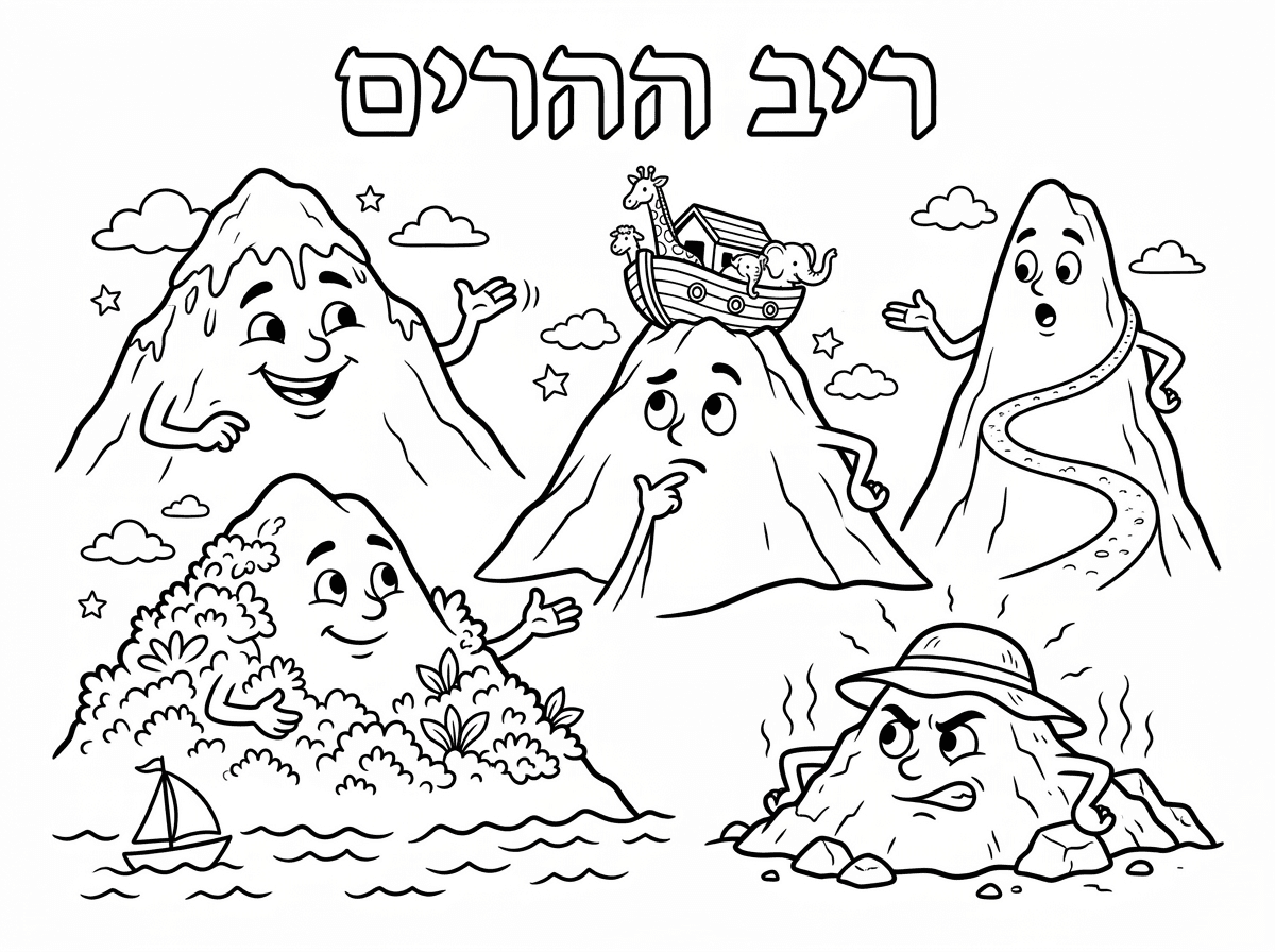 תוכל לעשות לי דף צביעה של ריב ההרים- הר החרמון המושלג, הר הכרמל עם ים וצמחיה, הר אררט עם התיבה, הר תבור גבוה, והר סיני קטן צחיח וחם, עם כותרת "ריב ההרים"