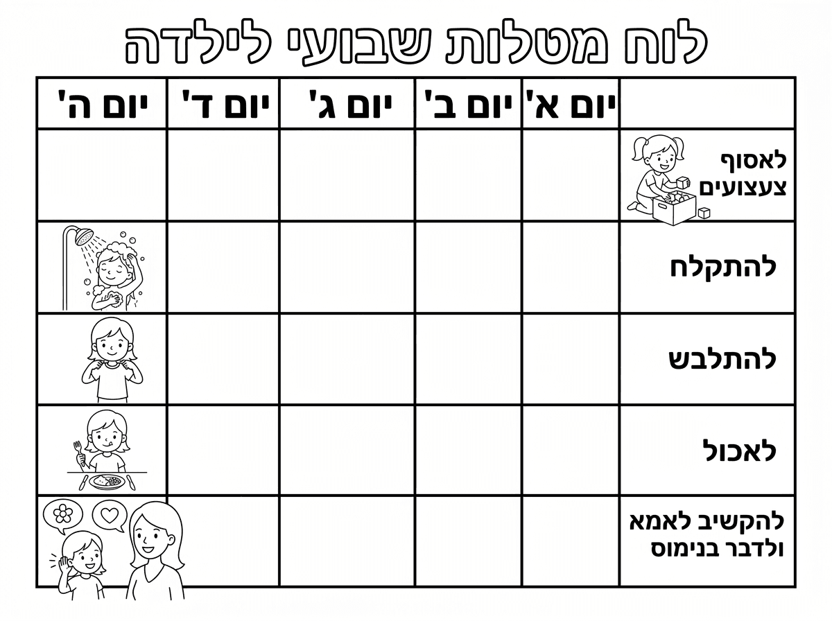 תעשה לי לוח נקודות לפי ימות השבוע א-ה 
ומשימות וליד כל משימה ציור של ילדה 
אוספת משחקים 
מתקלחת 
מתלבשת 
אוכלת 
מקשיבה לאמא ומדברת בשפה נעימה