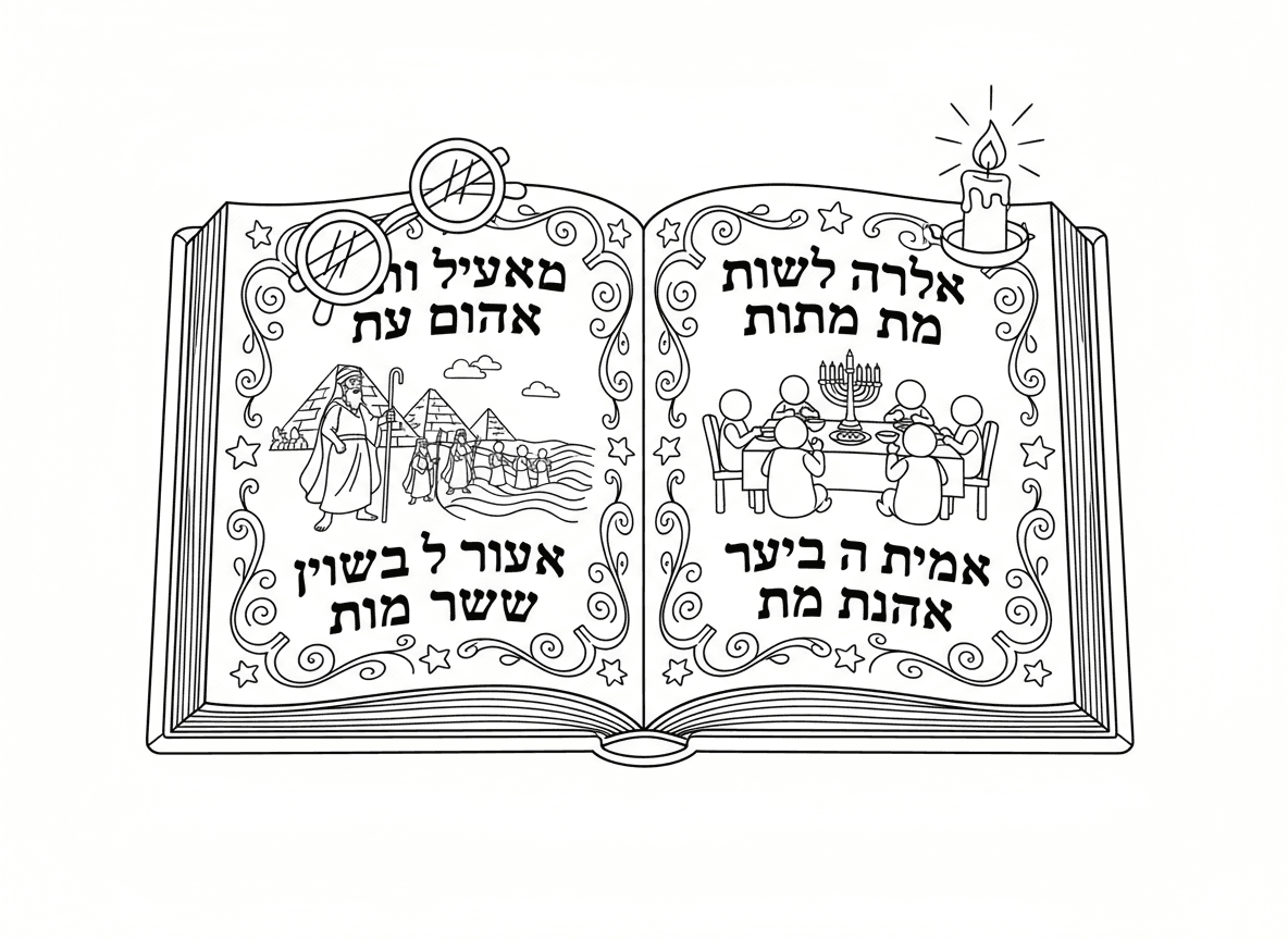 הגדה של פסח מאוירת - הגדה של פסח פתוחה ומעוטרת יפה עם דפים מאוירים, טקסט עברי, תמונות של סיפור יציאת מצרים, מסגרת מעוטרת, כריכה מוזהבת, משקפי קריאה, אור נרות