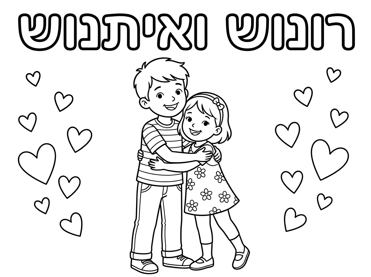 תעשה ילד וילדה מתחבקים ילד בן תשע 10 וילדה בת 5 6 לבבות בצדדים וכתוב למעלה רונוש ואיתנוש💗💗💗
