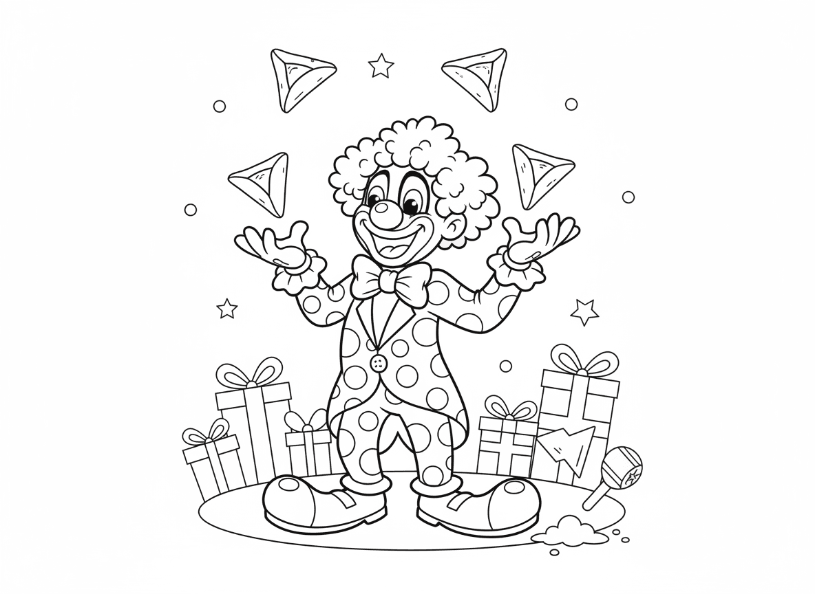 ליצן פורים מלהטט באוזני המן - ליצן פורים מצחיק מלהטט בעוגיות אוזני המן, אף אדום גדול, פאה צבעונית, נעליים ענקיות, טריקים של קרקס, עוגיות נופלות, ענן קמח, הבעה מטופשת, רקע חגיגי