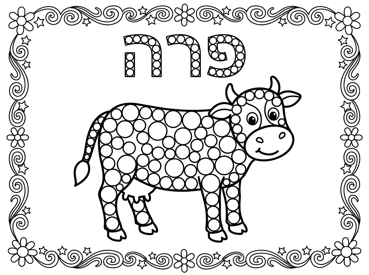 צור לי דף צביעה לילדי גן גיל 4,5 שחור לבן קוים נקיים וברורים.במרכז הדף פרה לצביעה שעשויה מעיגולים חלולים. תקשט מסביב מסגרת יפה  תכתוב למעלה את המילה:" פרה" מעיגולים חלולים