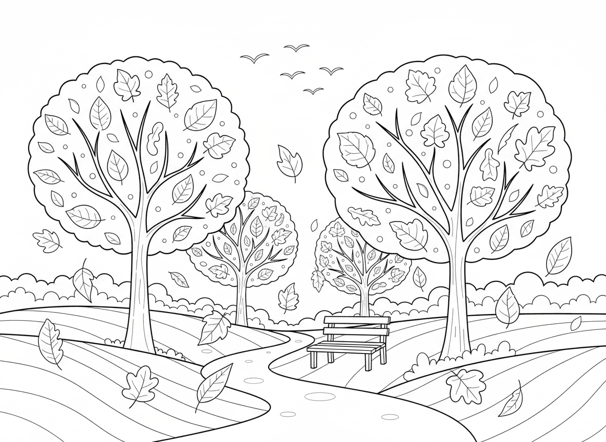 נוף סתווי עם עלים נושרים - נוף סתווי יפה לעונת השנה החדשה, עלים צבעוניים נושרים, עצים באדום כתום וזהב, שביל מתפתל, ספסל, ציפורים עפות דרומה, שמיים כחולים צלולים, טבע שליו