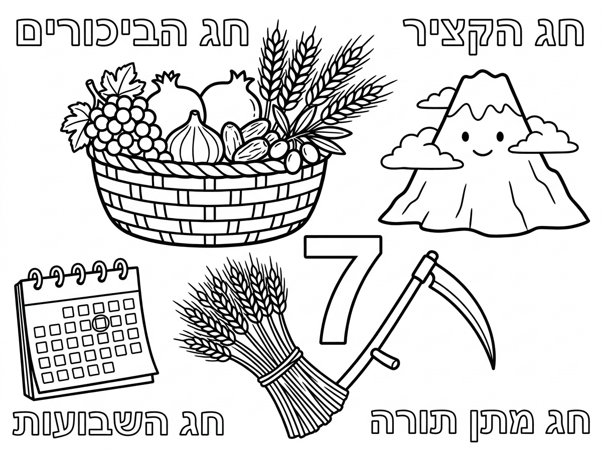 צהריים טובים,
צור בבקשה דף צביעה עם הציורים הבאים;
סל פירות שבעת המינים, הר סיני, אגודת שיבולים ומגל, לוח שנה, המספר 7.
בפינה הימנית העליונה כתוב חג הקציר בפינה השמאלית העליונה כתוב חג הביכורים, בפינה הימנית התחתונה כתוב חג מתן תורה, בפינה השמאלית התחתונה כתוב חג השבועות.