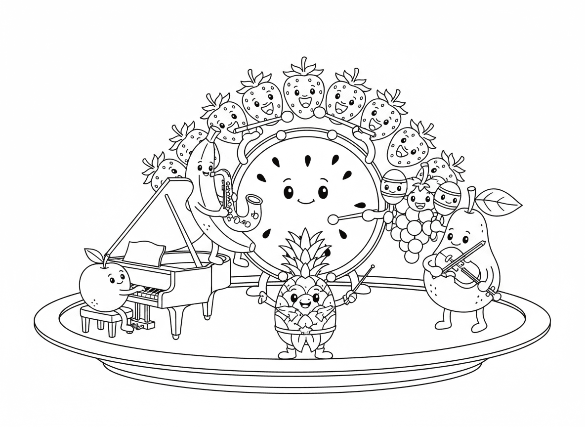 תזמורת פירות מוזיקלית - אבטיח כתוף, בננה מנגנת סקסופון, ענבים כמרקסים, אננס מנצח עם שרביט, מקהלת תותים שרה, תפוח מנגן פסנתר, אגס עם כינור, כולם על במה מצלחת ענקית
