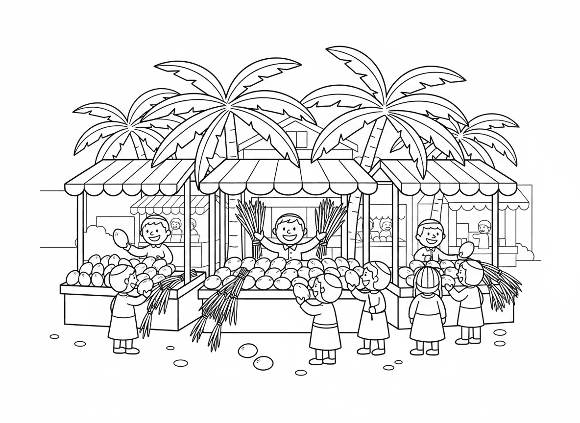 שוק אתרוגים לפני סוכות - שוק אתרוגים שוקק לפני סוכות, מוכרים מציגים אתרוגים ולולבים, אנשים בודקים ובוחרים בקפידה, דוכני שוק צבעוניים, ענפי דקל, אווירת שוק יהודי