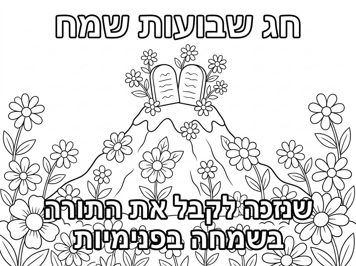 שלום וברכה
תכין לה דף צביעה בשחור לבן לרוחב
שכתוב חג שבועות שמח
שנזכה לקבל את התורה בשמחה בפנימיות
ושיהיה מקושט עם פרחים והר סיני שיש עליו לוחות מלבנים והוא מקושט בפרחים.