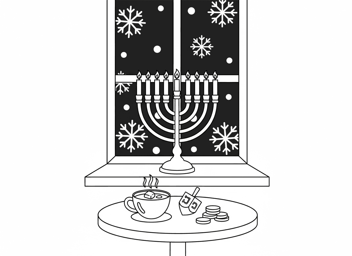 סצנת חלון עם אור נרות חנוכה - סצנת חלון נעימה מבפנים, חנוכייה על אדן החלון עם נרות זוהרים, שלג יורד בחוץ, כוס שוקו חמה, סביבון ודמי חנוכה על השולחן, ערב חורף שליו
