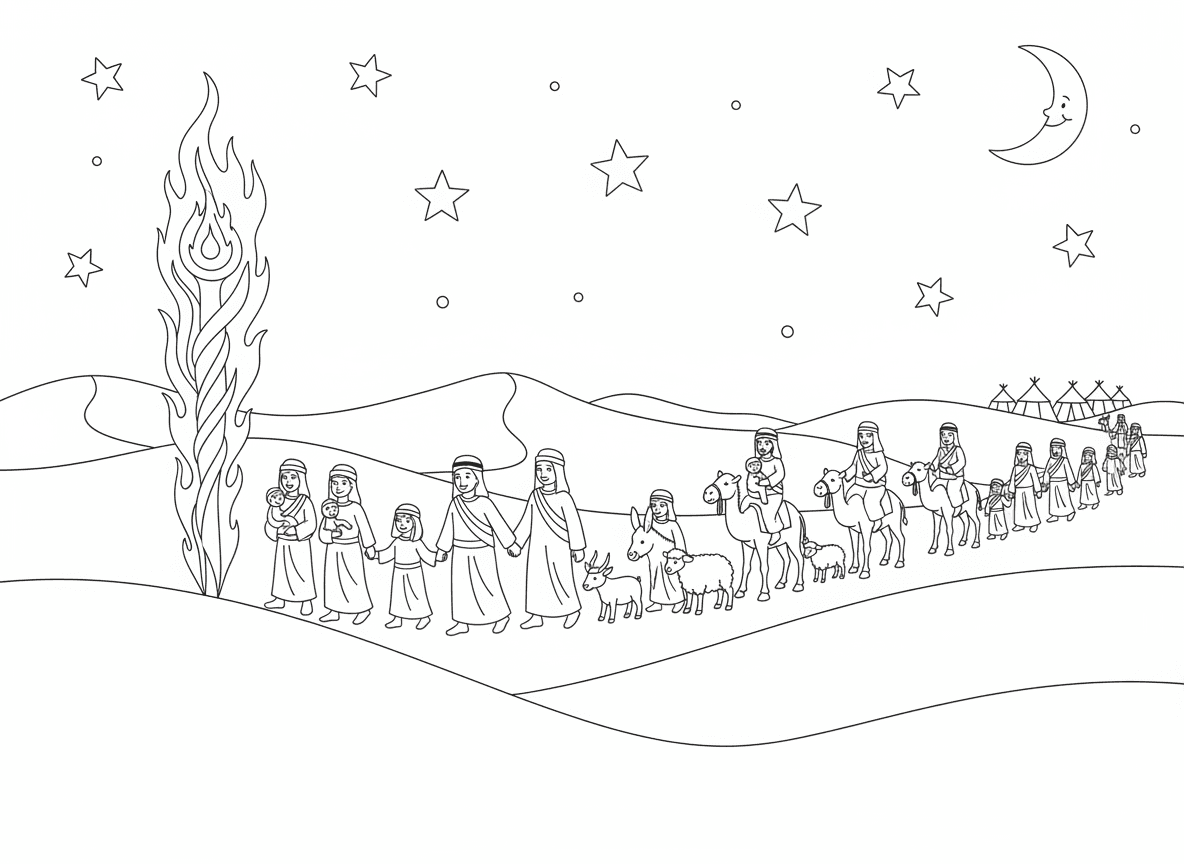 חציית המדבר עם עמוד האש - בני ישראל הולכים במדבר בלילה, מונחים על ידי עמוד אש, משפחות עם ילדים וחיות, שמיים זרועי כוכבים, דיונות חול, ירח, אוהלים במרחק