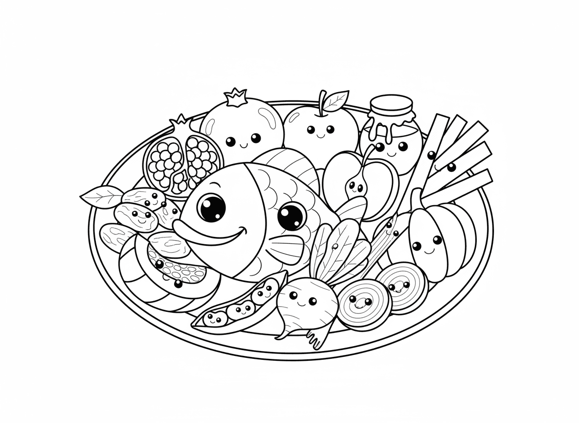 מגש סימנים מסודר יפה - מגש מסודר יפה של סימני ראש השנה: תמרים, רימון, תפוח עם דבש, לוביה, כרתי, סלק, דלעת, ראש דג, הצגה אמנותית