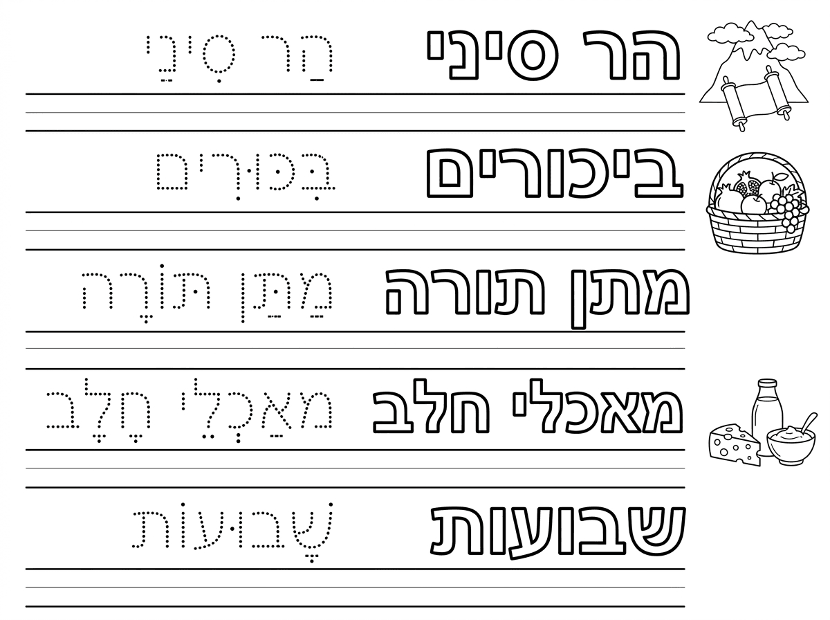 צור בבקשה דף אימון כתיבה
למילים הר סיני, ביכורים, מתן תורה, מאכלי חלב, שבועות. 
בצד ימין של הדף כתוב את המילים האלה חלולות - מולן כתוב את המילים האלה מקווקוות. השאר מקום לכתיבה חופשית.
הוסף ציורים קטנים בצד של סל ביכורים, הר סיני ומאכלי חלב