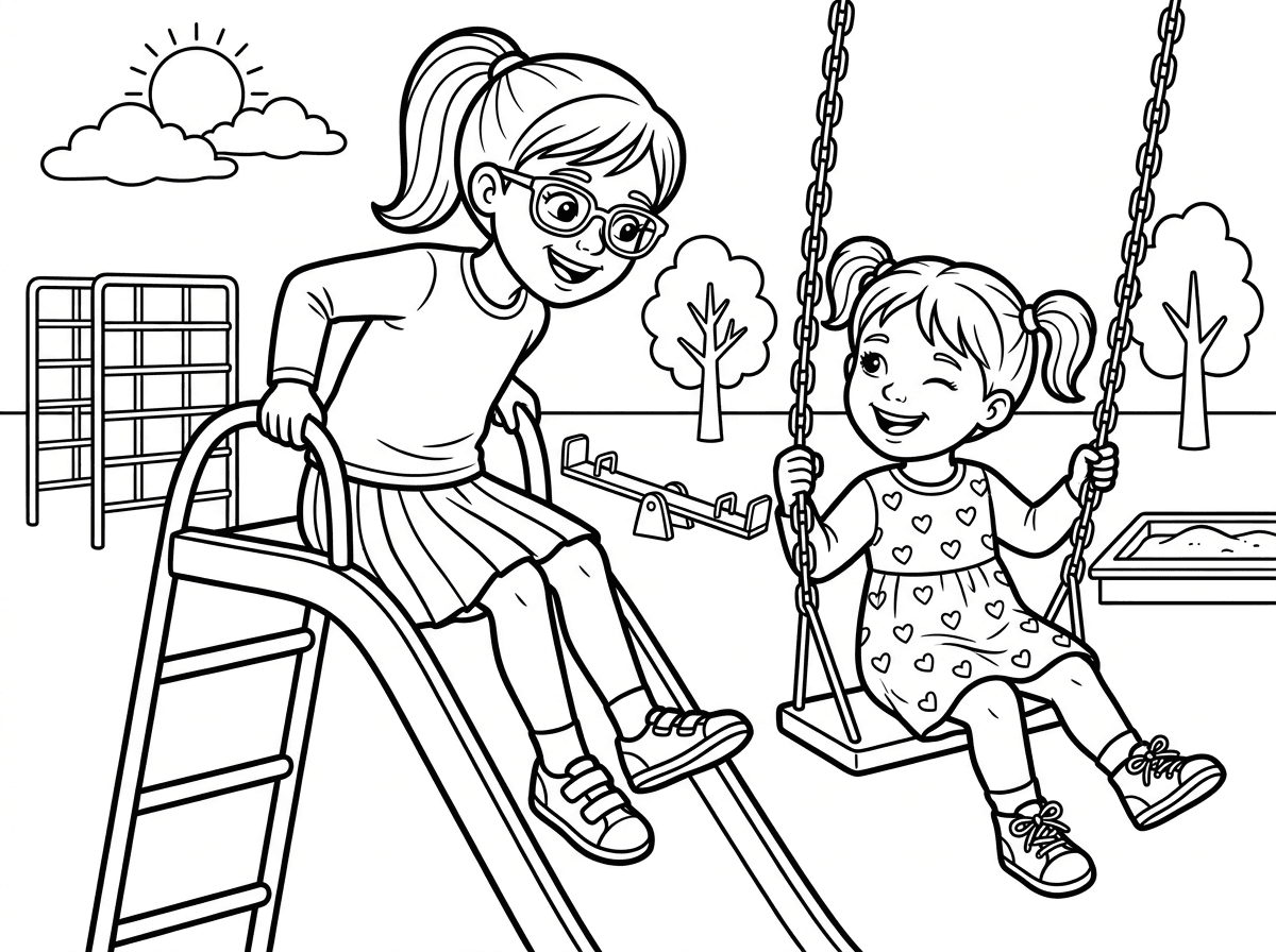 תעשה חי ציור של 2 ילדות אחת  בת 14 ובשניה בת 10 בערך (תעשה גובהה מתאים)  הן בעמצה לשחק במתקנים בגן השעשועים מסביבן יש עוד המום מתקנים הגדולה לובשת חולצה וחצאית והנעלים שלה זה נעלי סקוץ' והיא עם משקפים והקטנה עם שמלה שיש לה לבבות עם נעלים עם שרוכים  ויש לה נמשים השרוולים ארוכים אצל שתיהן יש להן חיוך על הפנים והקטנה קורצת העין השמאלית לאחותה