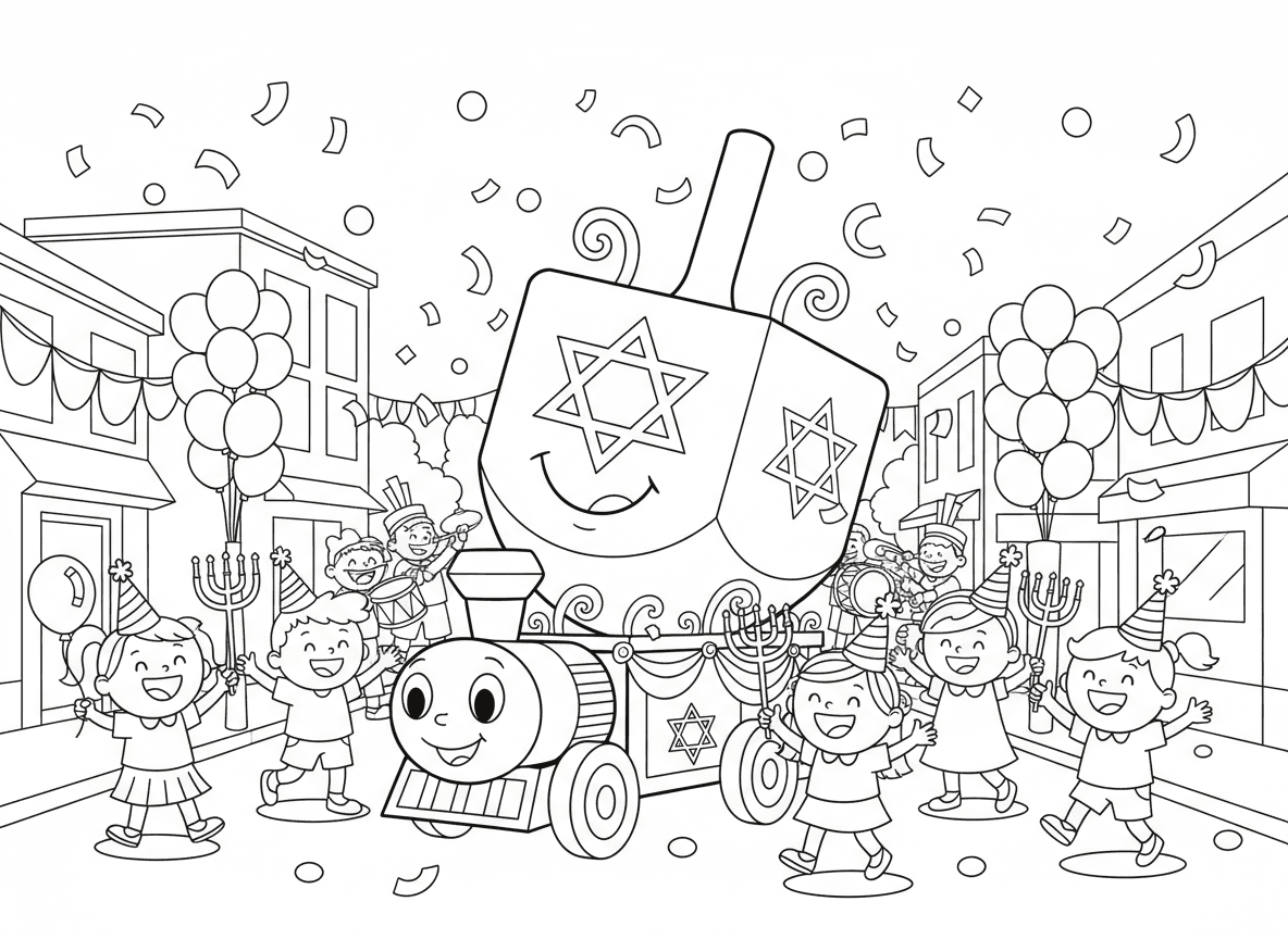 מצעד עם סביבון ענק - מצעד חנוכה עם רכב סביבון ענק, ילדים רוקדים סביבו, קישוטים בכחול ולבן, תזמורת צועדת, קונפטי, בלוני חנוכיות, חגיגת רחוב חגיגית