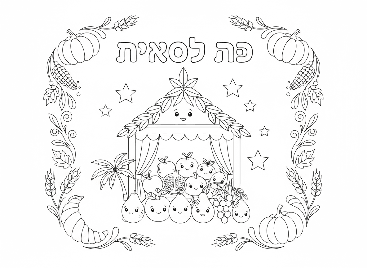 עיצוב כרטיס ברכה חג סוכות שמח - עיצוב כרטיס ברכה לסוכות עם חג סוכות שמח, מעוטר בסוכה, ארבעת המינים, פירות, כוכבים, אלמנטי קציר, עלי סתיו, מסגרת חגיגית, צבעי סתיו חמים