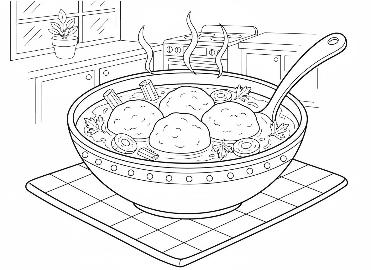 קערת מרק קניידלך - קערת מרק קניידלך מהבילה עם קניידלך גדולים ורכים, גזר, סלרי, פטרוזיליה, כף, מפית משובצת, רקע מטבח, נראה טעים