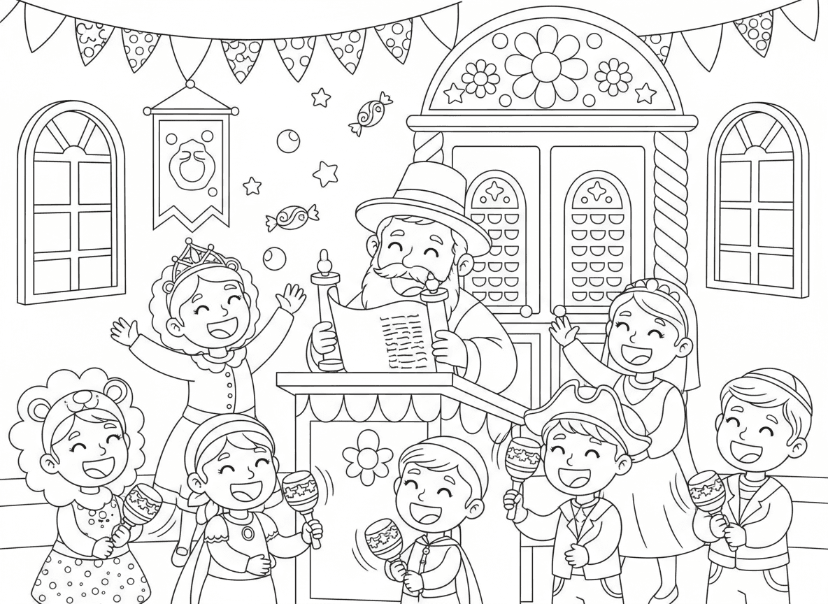 חגיגת פורים בבית הכנסת - חגיגת פורים חגיגית בבית הכנסת, ילדים בתחפושות, רעשנים מסתובבים, הרב קורא מגילה, סוכריות נזרקות, כולם שרים ושמחים, בית כנסת מעוטר